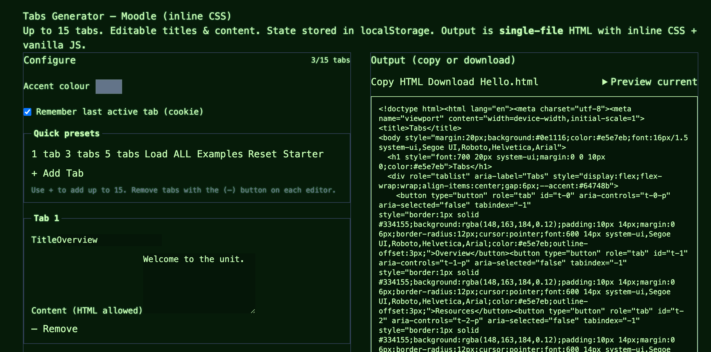 Moodle Tabs Generator